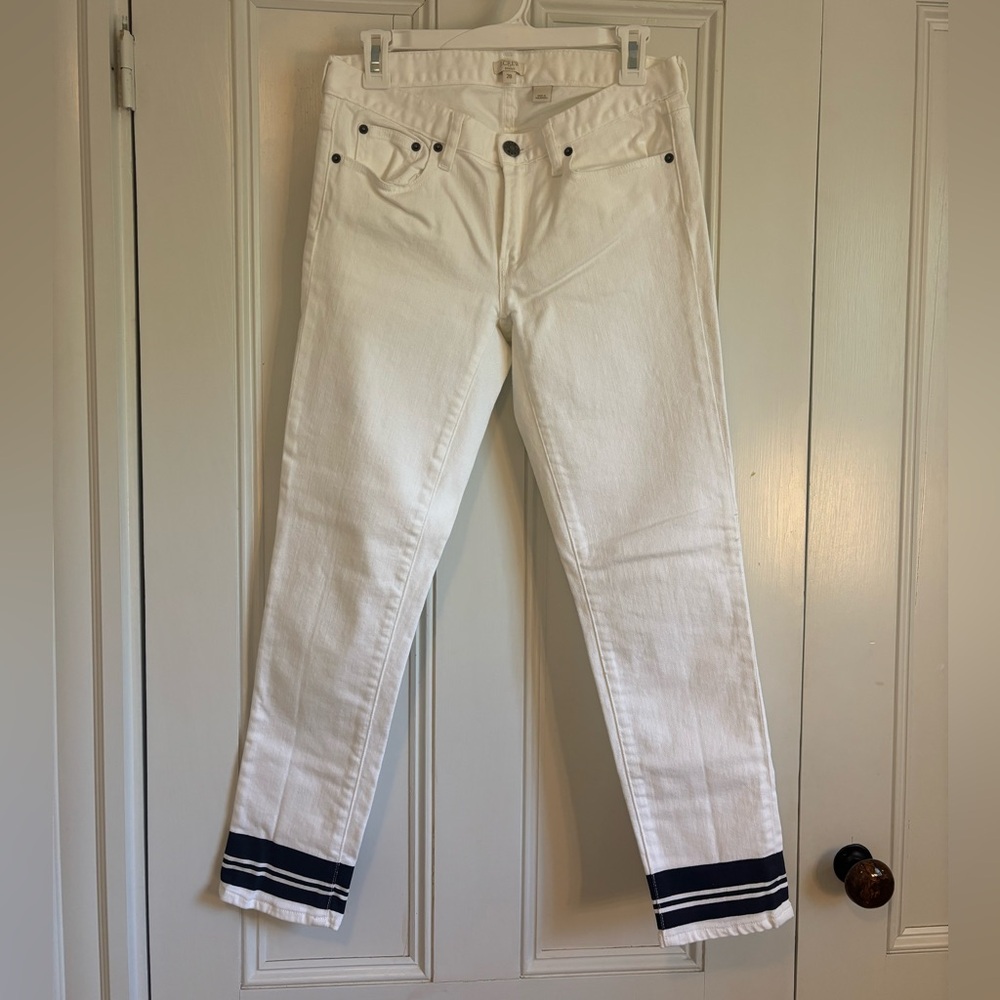 J. Crew White Jeans with Navy Hem Stripes